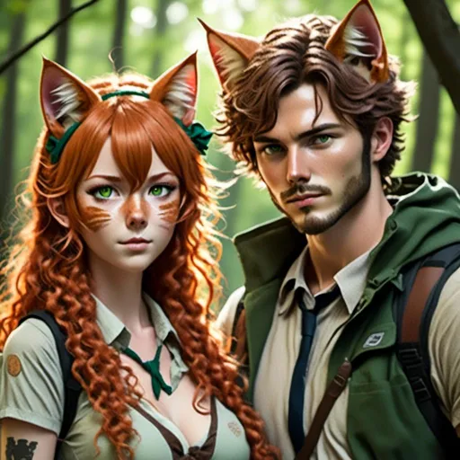 Prompt: <mymodel>Highly Detailed, couple backpacking in the woods, detailed skin texture, cat ears matching hair color, detailed eyes, professional, highres