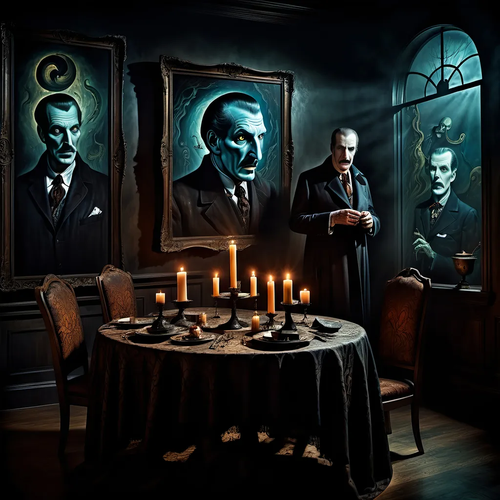 Prompt: (surrealism style image), (dark color scheme), a hauntingly dramatic scene inspired by Vincent Price on the back wall, moody lighting, high detail, captivating atmosphere, (HD), a blend of the mystical and the macabre.