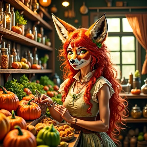 Prompt: (fantasy style), woman shopping at a lavish store, surrounded by colorful Thanksgiving food, delicate pastel color scheme, intricate details, ornate decorations, whimsical ambiance, cozy atmosphere, soft lighting, high-quality and ultra-detailed, seasonal produce, warm and inviting scene capturing the spirit of Thanksgiving.