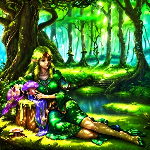 Prompt: (photorealistic style), lush Hyrule, vibrant warm colors, enchanting atmosphere, sunlight filtering through dense foliage, soft glowing mushrooms, serene winding path, magical fauna, mystical creatures peeking from behind trees, deep green foliage with golden highlights, ultra-detailed, immersive landscape, tranquil ambiance, adventurous spirit, ideal for storytelling backgrounds.