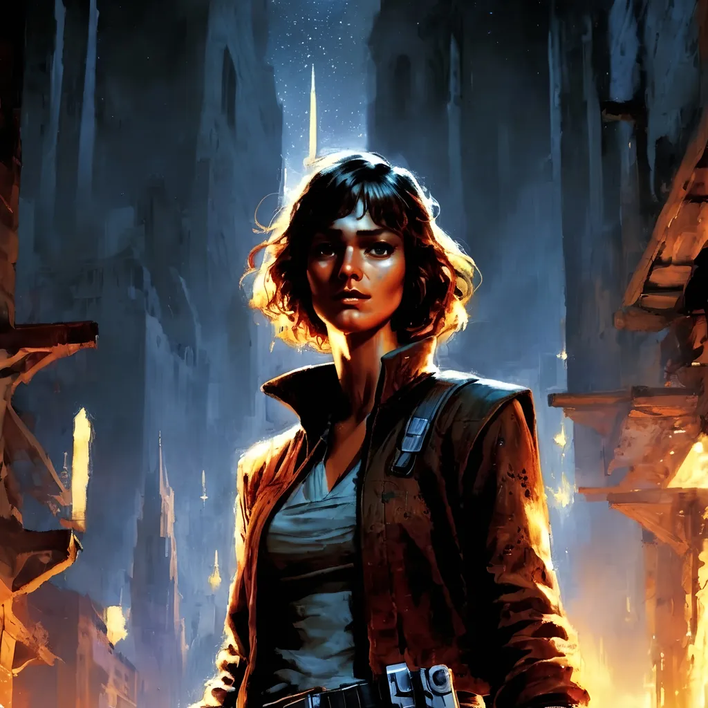 Prompt: (artstyle-renaissance), Star Wars outlaw Kay Vess, dark color scheme, rich and muted tones, dramatic chiaroscuro lighting, intense facial expression, wearing a weathered space jacket, intricate details on clothing, gripping a blaster, moody and atmospheric background, hints of a distant starry night sky, highly detailed, ultrarealistic texturing, captivating composition, capturing the essence of a legendary rogue.