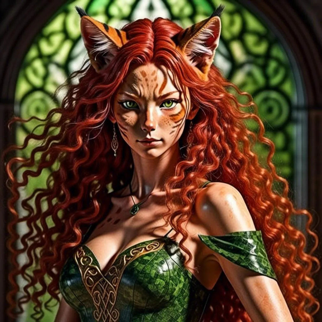 Prompt: <mymodel> Realistic 40 year old Celtic woman, Full Color Fantasy  illustration of a Celtic woman with cat ears and tail, detailed long red curly hair, detailed green eyes, detailed skin texture, full body view, delicate, diffused lighting, beautiful, artistic, detailed, fantasy style Celtic background, long hair, detailed eyes, full-body pose dancing, elegant, ethereal, soft lighting
