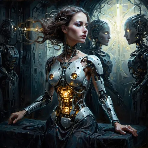 Prompt: (Robotic Cybernetic Woman), surrealism style, dark color scheme, gossamer dress, dramatic lighting with glow effect, radiant light behind her illuminating silhouette, intricate mechanical details, dreamlike atmosphere, crisp contrasts, high depth, ultra-detailed, mysterious and captivating vibe, ethereal presence, hauntingly beautiful, evocative imagery, enchanting subtleties in fabric texture, unsettling yet mesmerizing composition.