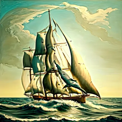 Prompt: oil painting, natural color scheme, (three masted sailing ship body made out of glass), (traveling swiftly) on a (realistic ocean), (sails full of wind), (dolphins breaching) in front of the bow, serene atmosphere, nature-inspired, fluid and dynamic scene, delicate brush strokes, soft light filtering through, emphasizing tranquility and adventure, ultra-detailed, high-definition.