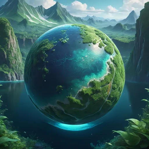 Prompt: (realistic style), (square globe of a planet), highly detailed representation, vibrant water textures, ethereal atmosphere, majestic mountains, lush greenery, cool color scheme, serene and tranquil vibes, intricately rendered features, deep ocean blues and gentle greens, atmospheric details that evoke awe and wonder, ultra-detailed, 4K quality, captivating visual experience, immersive and enchanting.