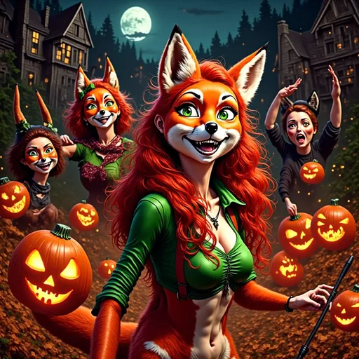 Prompt: (realism style) Red Foxy character, dressed for Halloween, surrounded by (excited neighborhood kids) joyfully trick-or-treating, (festive costumes), glowing jack-o’-lanterns, (spooky atmosphere), (moonlit night sky), (autumn leaves) creating an enchanting scene, (playful expressions), (high quality), (ultra-detailed), vibrant colors, warm lighting, engaging and cheerful vibe, evoking the thrill of Halloween festivities.