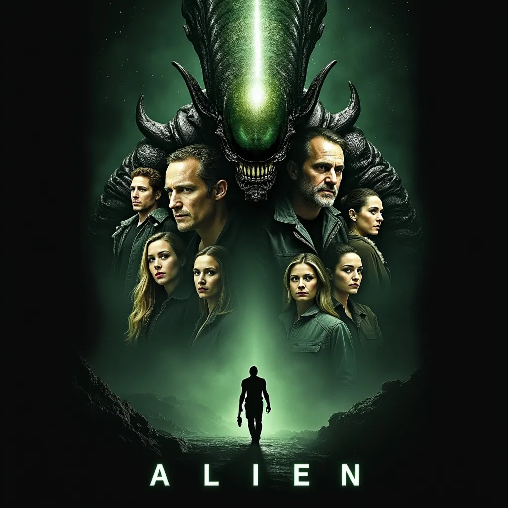 Prompt: Alien the movie, poster featuring the cast and  of the movie, the Nostromo spaceship in the background and the Alien creature hiding in the shadows