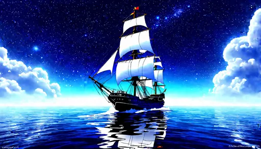 Prompt: (retro-futurism), (three masted sailing ship clear body), (traveling swiftly) across a (an ocean of stars), (sails full of wind), serene and tranquil atmosphere, vibrant reflections, ultra-detailed, cinematic lighting, creating a dreamlike scene that captivates the viewer.