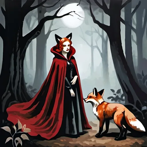 Prompt: <mymodel>(Redhead Woman with Fox ears, full body view,  partially dressed wearing a red cloak walking in a dark forest), (renaissance art style), (dark color scheme), (dark overcast foggy night), moonlight shining in patches, fear and tension palpable, creature lurking shadows creeping in, dark intricate details in foliage, dramatic light contrasts, melancholy ambiance, oil painting texture, mysterious mood, deep blues and muted grays, (4K), leaves rustling softly, creating a sense of isolation and dread.