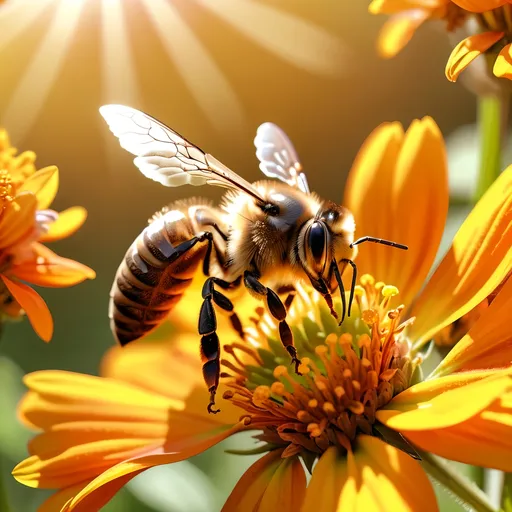 Prompt: Close up (Honey bee sipping nectar on a flower, all six legs visible), intricate wing details, nature, summer vibes, warm color scheme, photorealism, crisp focus, ultra-detailed, high-definition, 4K, vibrant colors, sunlight filtering through, blooming flowers in the background, tranquil atmosphere, vivid yellow, orange, and green tones, cinematic depth, breathtaking natural beauty.