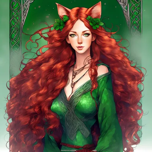 Prompt: Japanese ink illustration of a Celtic woman with cat ears and tail, long red curly hair, detailed green eyes, detailed skin texture, full body view, delicate, diffused lighting, beautiful, artistic, detailed, fantasy style Celtic background, long hair, detailed eyes, full-body, elegant, ethereal, soft lighting