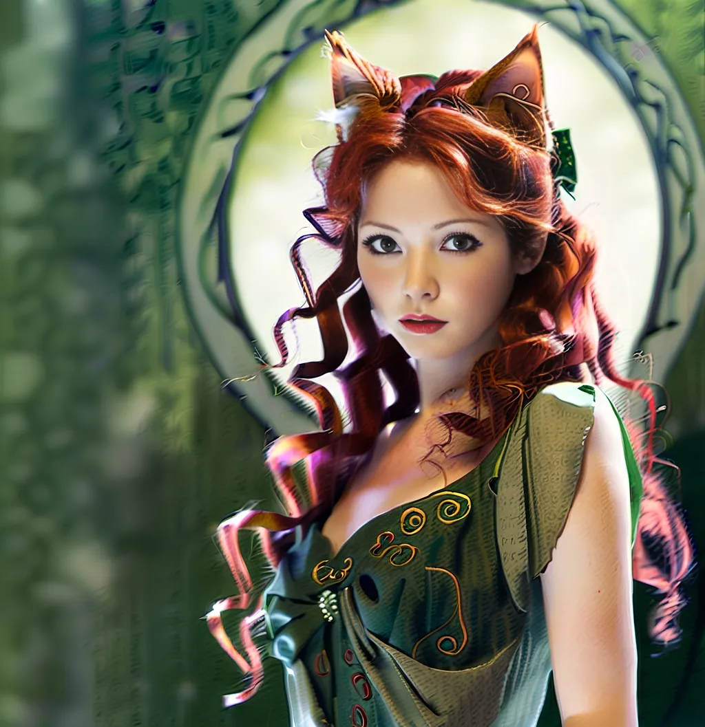 Prompt: Japanese illustration of a middle aged Celtic woman with cat ears and tail lips parted, long red curly hair, long flowing dress, detailed green eyes,  delicate, beautiful, artistic, diffused lighting, detailed Scottish background