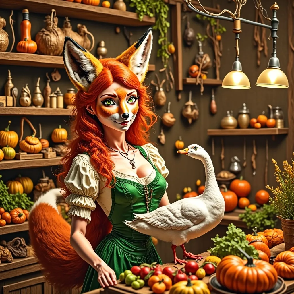 Prompt: (fantasy style), (baroque style), woman shopping at a lavish store, surrounded by colorful Thanksgiving food, delicate pastel color scheme, intricate details, ornate decorations, whimsical ambiance, cozy atmosphere, soft lighting, high-quality and ultra-detailed, fantasy-inspired display of goose and seasonal produce, warm and inviting scene capturing the spirit of Thanksgiving.