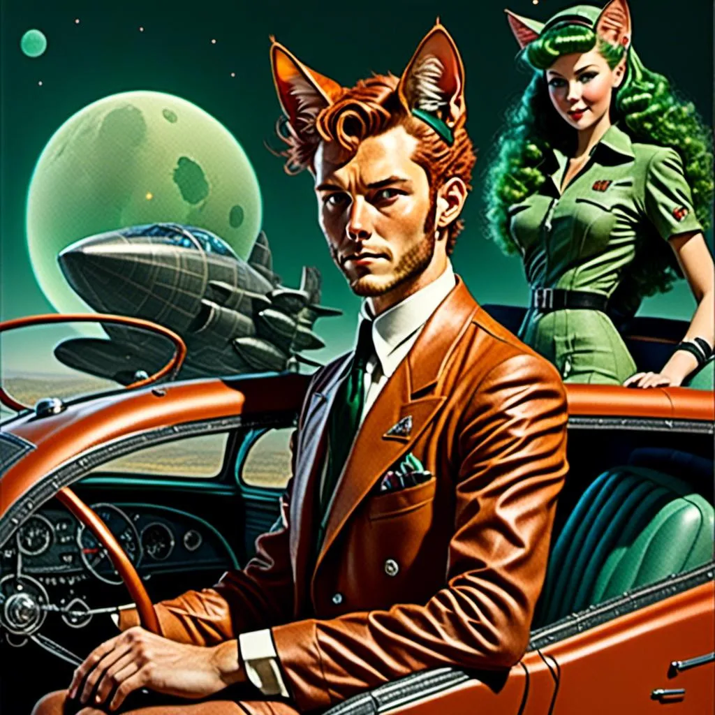 Prompt: <mymodel> Full body view of Rugged Man with cat ears in 1940's futuristic Automobile Advertisement, matching cat ears to hair color, extremely detailed, intricate clothing, high quality, intricate, futuristic-retro futurism, historical, detailed hair, detailed spaceship in background