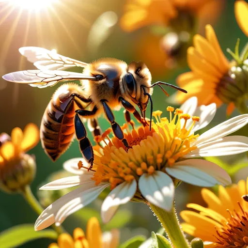 Prompt: Close up (Honey bee sipping nectar on a flower, all six legs visible), intricate wing details, nature, summer vibes, warm color scheme, photorealism, crisp focus, ultra-detailed, high-definition, 4K, vibrant colors, sunlight filtering through, blooming flowers in the background, tranquil atmosphere, vivid yellow, orange, and green tones, cinematic depth, breathtaking natural beauty.