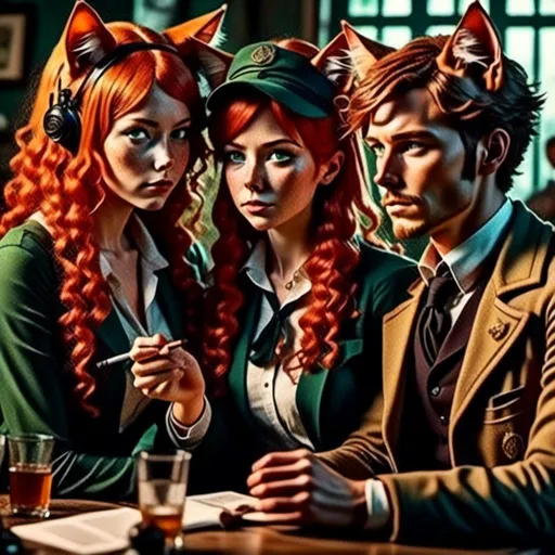 Prompt: <mymodel>Faded colors Old WWI Style Commercial smoking with with friends, detailed human facial anatomy, Cat ears Match Hair Color,  detailed background, faded colors, highres, professional
