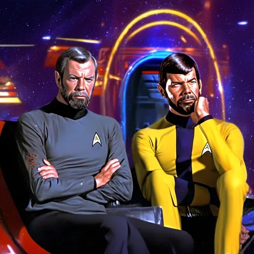 Prompt: (futuristic-sci-fi style), Spock with goatee), cool color scheme, vibrant blues and metallic silvers, Captain Kirk  bearded wearing yellow and gold uniform,  high-tech backgrounds with glowing circuits, dramatic and cinematic lighting, highlighting their expressions, intricate details on outfits, ultra-detailed character design, atmospheric mood evoking exploration and adventure, striking visuals reminiscent of classic sci-fi themes.