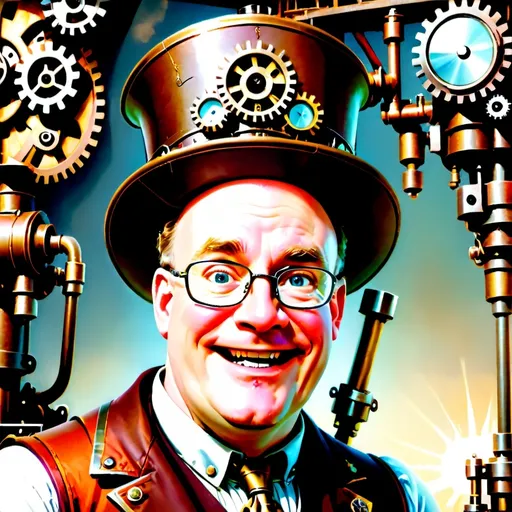 Prompt: (Humorous portrait), steampunk style, caricature drawing, pencil color  scheme, detailed facial features, expressive eyes, exaggerated pleasant smile, vintage military attire, quirky accessories, Iron gears and machinery in the background, cozy ambiance, ultra-detailed, engaging composition that blends humor and artistry, creating a captivating visual narrative.