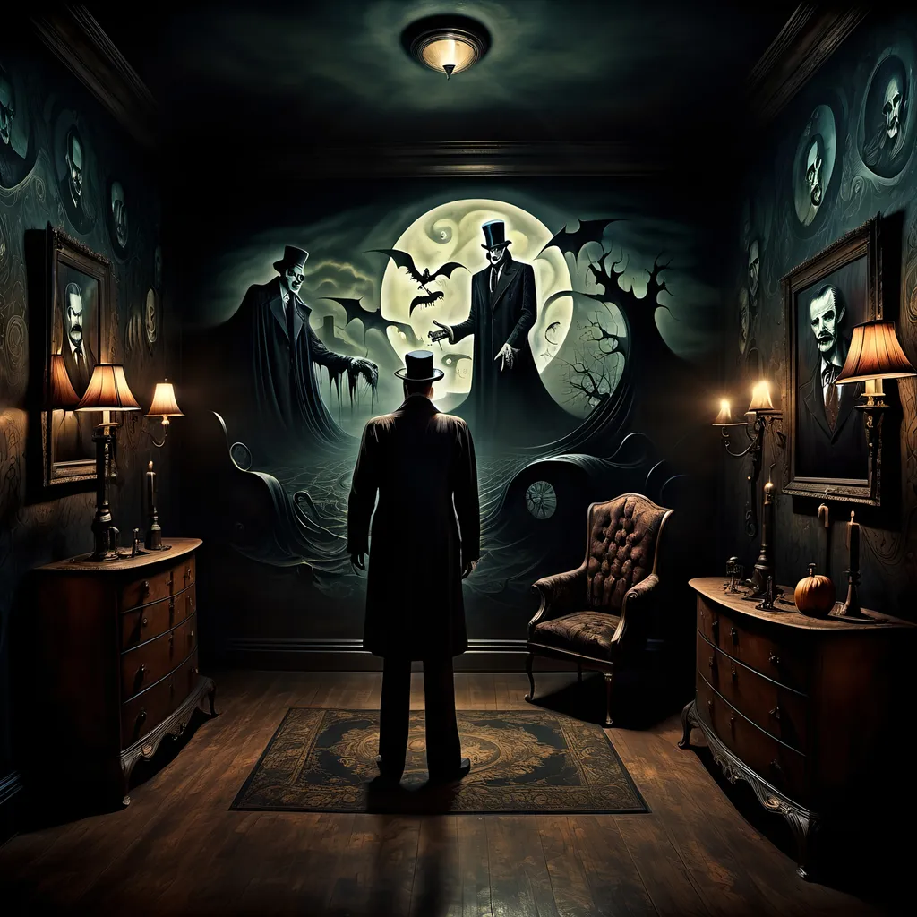 Prompt: (surrealism style image), (dark color scheme), a hauntingly dramatic scene inspired by Vincent Price on the back wall, moody lighting, high detail, captivating atmosphere, (HD), a blend of the mystical and the macabre.