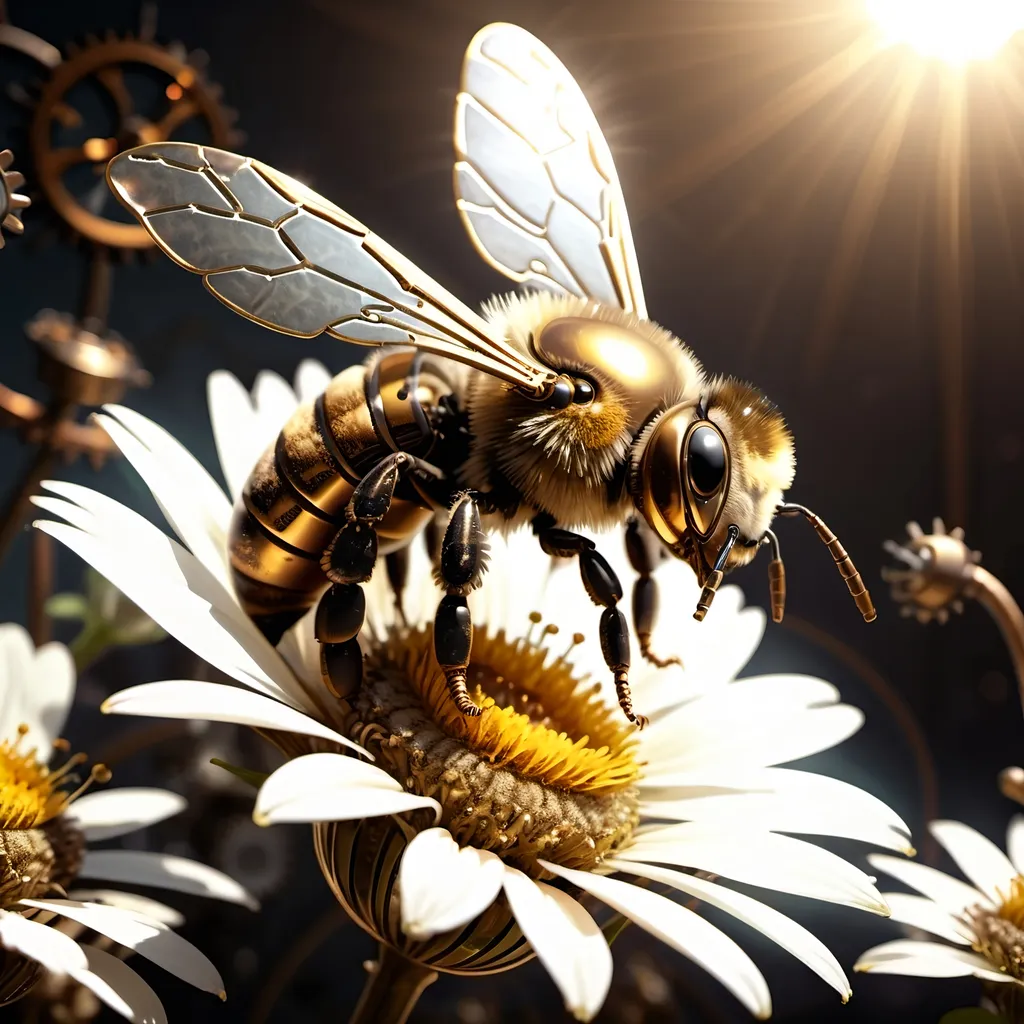 Prompt: (Steampunk Honey bee sipping nectar on a flower, all six legs visible), dark steampunk artstyle,  HD, 4K, crisp focus, atmospheric, intricate floral background with steampunk elements, metallic textures, gears and cogs intertwined with nature, soft sunlight filtering through, cinematic lighting, dramatic shadows, immersive and captivating scene.