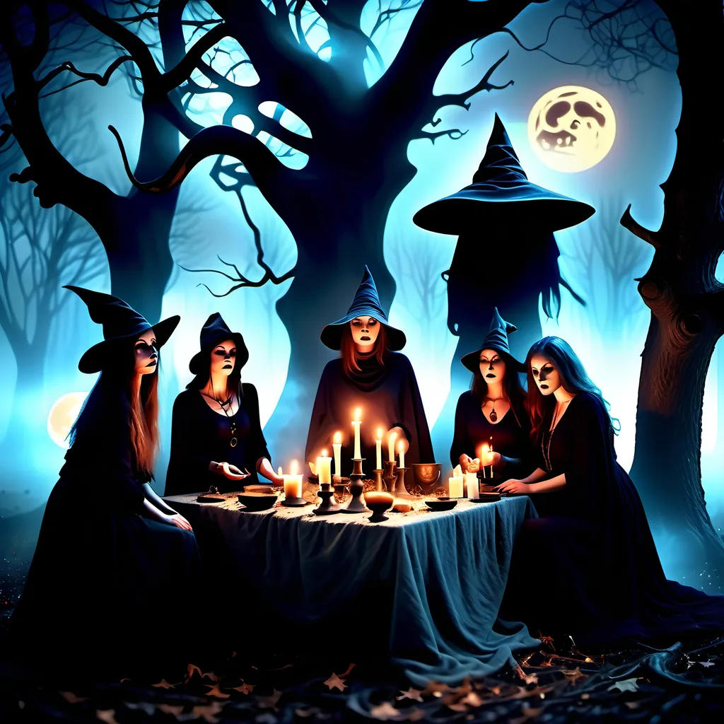 Prompt: fantasy witches coven, (dark atmosphere), (moonlit night), intricate rituals under a starry sky, shadows swirling around, candles casting flickering light, gnarled trees in the background, mysterious mist enveloping the scene, HD, ultra-detailed, eerie and enchanting ambience, spellbinding visual elements depicting witchcraft and ancient lore.