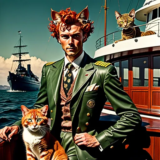 Prompt: <mymodel> Full body view of Rugged Man with human face and cat ears in 1940's Yacht boat Advertisement, matching cat ears to hair color, extremely detailed, intricate clothing, high quality, intricate, futuristic-retro futurism, historical, detailed hair, detailed spaceship in background