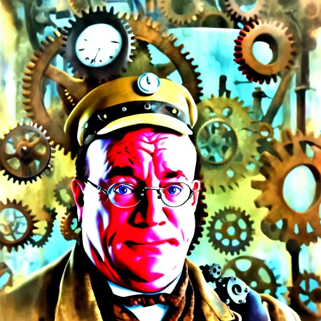 Prompt: (Humorous portrait), steampunk style, caricature drawing, pencil color  scheme, detailed facial features, piercing blue eyes, expressive eyes, exaggerated pleasant smile, vintage military attire, quirky accessories, Iron gears and machinery in the background, cozy ambiance, ultra-detailed, engaging composition that blends humor and artistry, creating a captivating visual narrative.