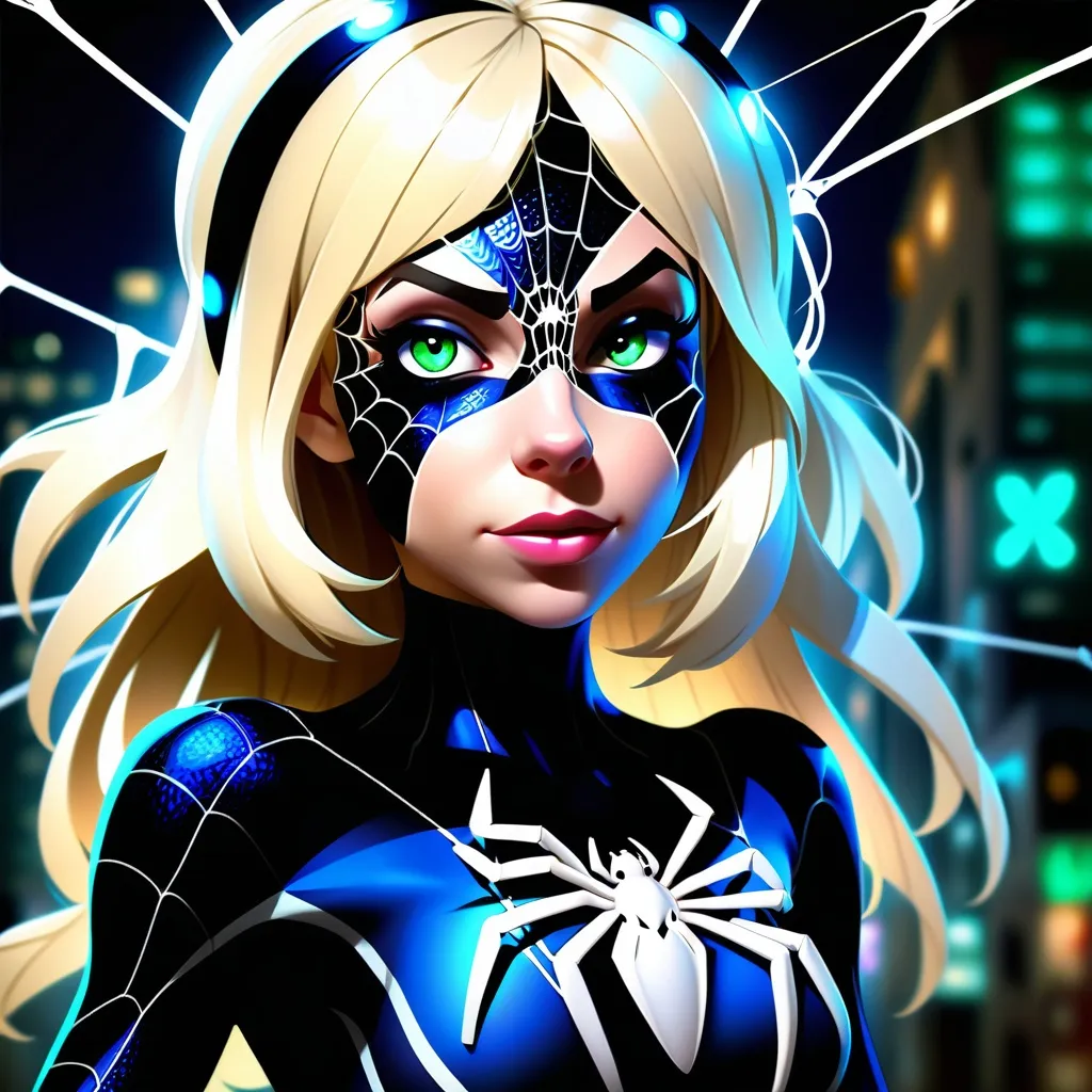 Prompt: Anime style, Gwendolyne Maxine "Gwen" Stacy , Anthropomorphic spider girl, full body view, best quality, expressive eyes, glowing, luminous, perfect face, 1 woman, spider transformation, blond  hair, spider web,