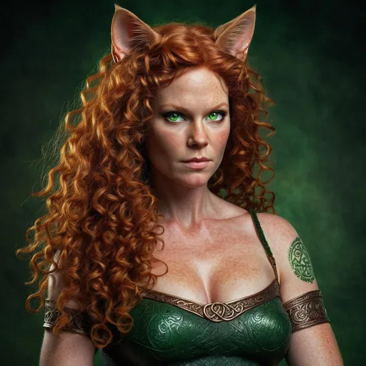 Prompt: Realistic, 40 year old full figured Celtic woman women with cat ears and tail, full long red curly hair, various poses, intense gaze, detailed anatomy, detailed green eyes, realistic skin texture, very low light, detailed hair, professional, highres, detailed, intense, green eyes, cat ears, cat tail, 40 year old full figured Celtic woman, realistic, detailed anatomy, various poses, panting, skin texture, low light, Pen and ink Drawing, professional, realism, detailed hair