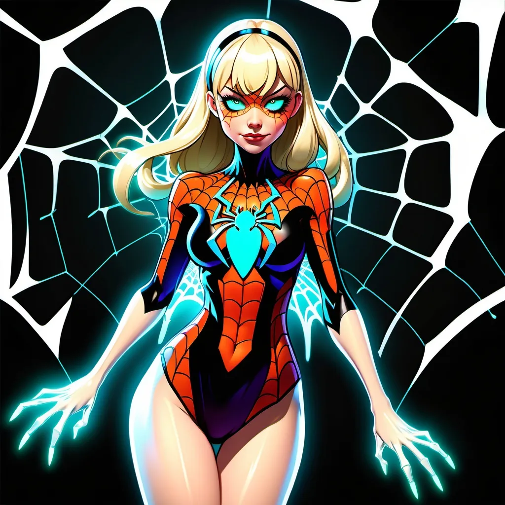 Prompt: Anime style, Gwendolyne Maxine "Gwen" Stacy , Anthropomorphic spider girl, full body view, best quality, expressive eyes, glowing, luminous, perfect face, 1 woman, spider transformation, blond  hair, spider web,