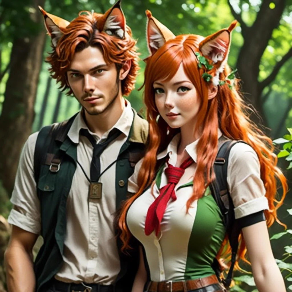 Prompt: <mymodel>Highly Detailed, couple backpacking in the woods, detailed skin texture, cat ears matching hair color, detailed eyes, professional, highres