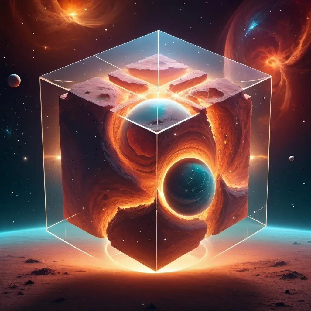 Prompt: surrealism style, (a clear cube-shaped planet factory) in space, warm color scheme, dreamlike atmosphere, ethereal lighting, imaginative designs, cosmic background with stars and nebulae, fluid shapes, whimsical architecture, intriguing structures floating, captivating visuals, high detail, 4K resolution, ultra-detailed features that inspire wonder and curiosity.