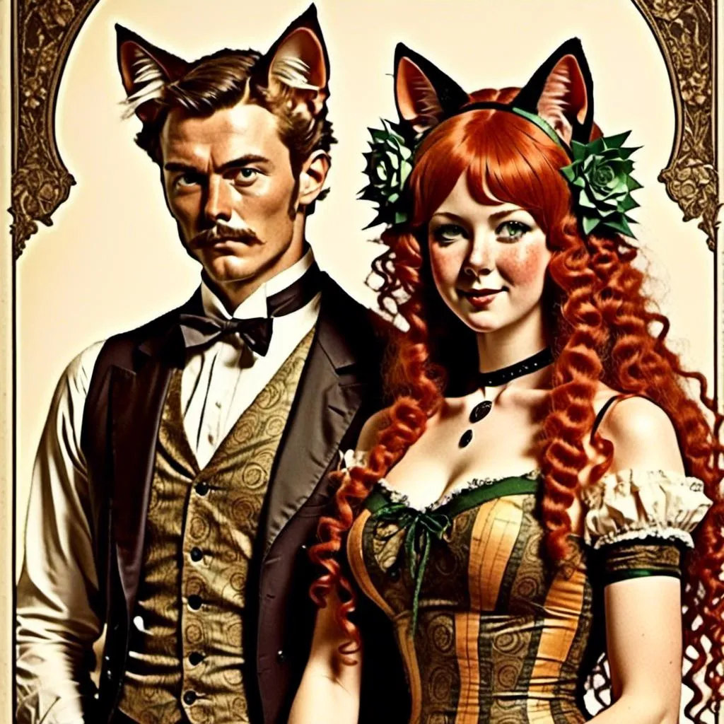 Prompt: <mymodel>couple with cat ears in vintage lithograph style, 1920's advertisement tools, matching cat ears to hair color, extremely detailed,  lithograph, detailed hair, intricate clothing,  high quality, vintage, detailed cat ears, historical, sepia lighting