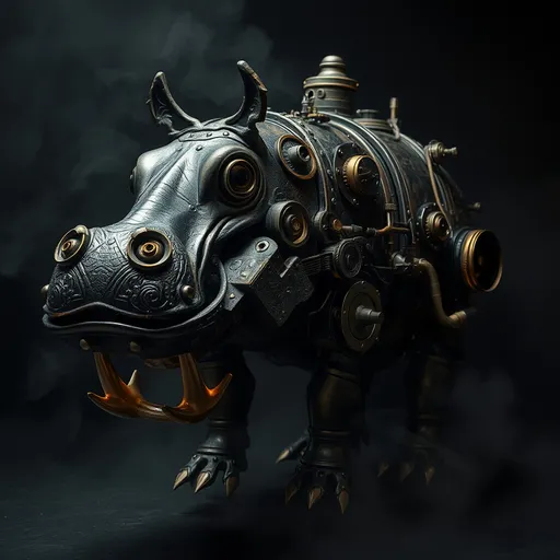 Prompt: Steam powered Anthro hippopotamus, (intricate details), (mechanical elements), dark color scheme, aged metal textures, eerie ambiance, Victorian design influences, haunting atmosphere, dramatic lighting, smoky background, high contrast shadows, ultra-detailed, masterful craftsmanship, surreal elements blended with industrial aesthetics, dark and whimsical.