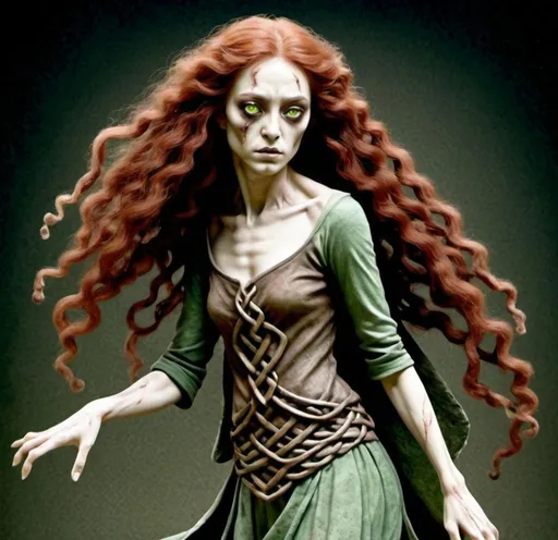 Prompt: Fantasy Japanese illustration of a Celtic Zombie withand tail, long red curly hair, detailed green eyes, realistic pose, detailed skin texture, full body view, delicate, diffused lighting, beautiful, artistic, detailed, fantasy style, long hair, detailed eyes, full-body, elegant, ethereal, soft lighting