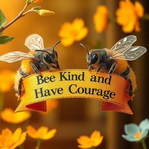 Prompt: fantasy style, (two Honey bees at each end of a banner that reads),(accurately spelled text "Bee Kind and Have Courage"), warm color scheme, vibrant hues of orange and gold, whimsical springtime  atmosphere, cozy and enchanting vibe, intricate details in design, magical aura, high quality, ultra-detailed, captivating and inviting presentation.