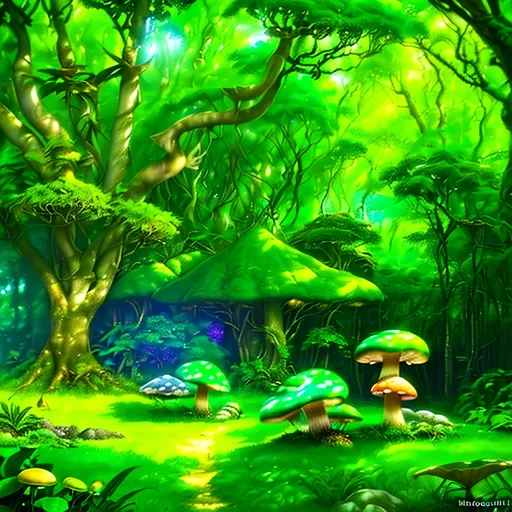 Prompt: (photorealistic style), lush Hyrule, vibrant warm colors, enchanting atmosphere, sunlight filtering through dense foliage, soft glowing mushrooms, serene winding path, magical fauna, mystical creatures peeking from behind trees, deep green foliage with golden highlights, ultra-detailed, immersive landscape, tranquil ambiance, adventurous spirit, ideal for storytelling backgrounds.