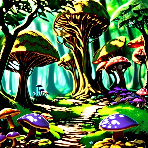 Prompt: (photorealistic style), lush Hyrule, vibrant warm colors, enchanting atmosphere, sunlight filtering through dense foliage, soft glowing mushrooms, serene winding path, magical fauna, mystical creatures peeking from behind trees, deep green foliage with golden highlights, ultra-detailed, immersive landscape, tranquil ambiance, adventurous spirit, ideal for storytelling backgrounds.