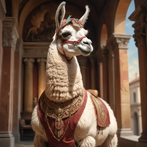 Prompt: (anthropomorphic llama, hugely muscled, heroic pose), (Renaissance art style), warm color palette, rich textures, detailed anatomy, dramatic lighting, heroic atmosphere, uplifting mood, intricate background featuring classical architecture, soft brush strokes, vivid depictions of strength and valor, highly detailed, 4K quality, evocative and timeless composition