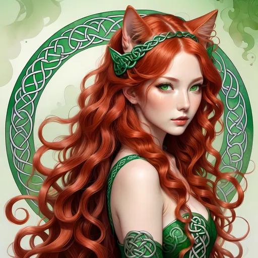 Prompt: Japanese ink illustration of a Celtic woman with cat ears and tail, long red curly hair, detailed green eyes, detailed skin texture, full body view, delicate, diffused lighting, beautiful, artistic, detailed, fantasy style Celtic background, long hair, detailed eyes, full-body, elegant, ethereal, soft lighting