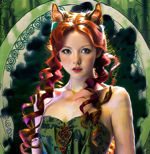 Prompt: Japanese illustration of a Celtic woman with cat ears and tail lips parted, long red curly hair, long flowing dress, detailed green eyes,  delicate, beautiful, artistic, diffused lighting, detailed Scottish background