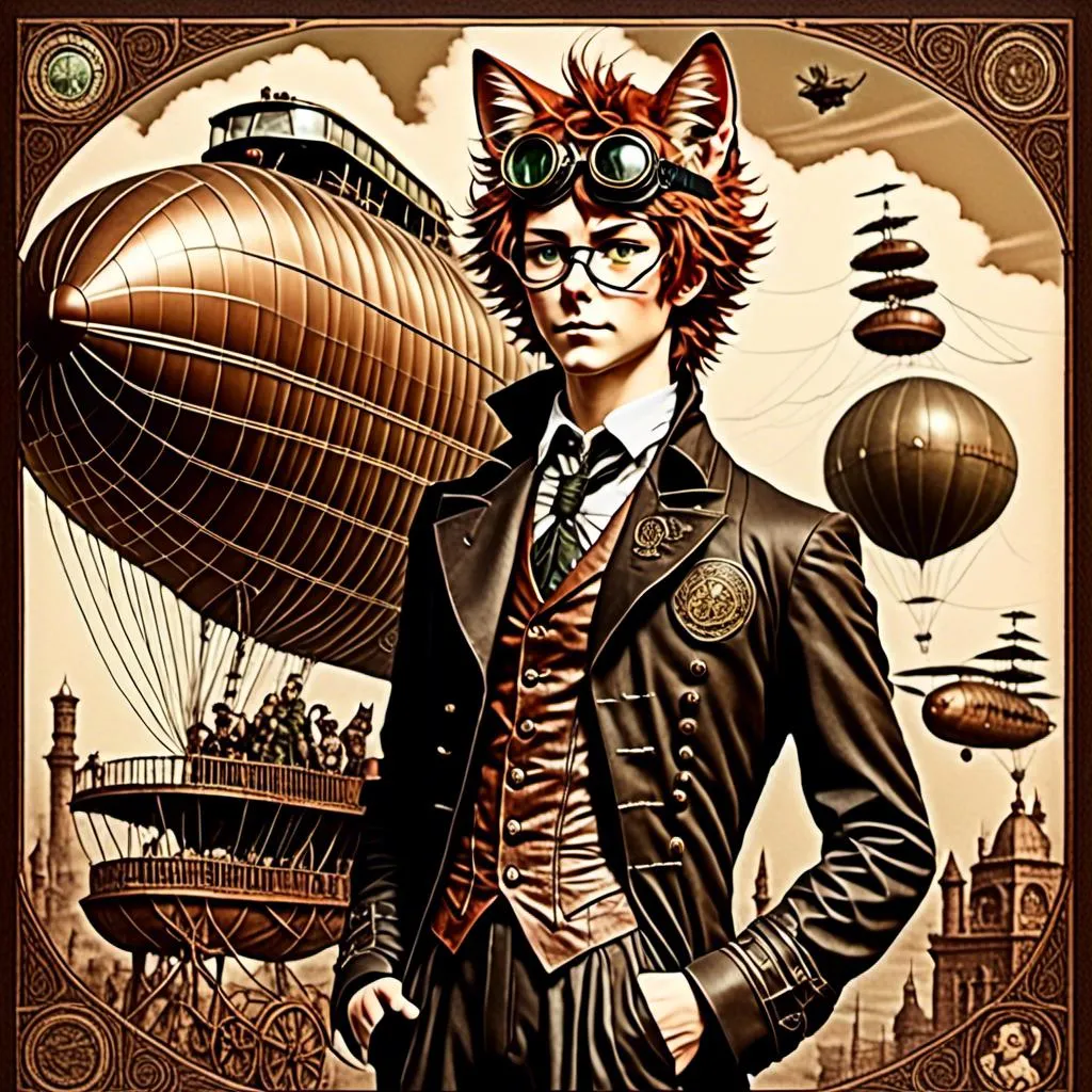 Prompt: <mymodel>high quality vintage lithograph, artstyle-steampunk, Full body view of Man with human face with goggles and cat ears, Dirigible Advertisement, matching cat ears to hair color, extremely detailed, intricate clothing, intricate, historical, detailed hair, detailed Blimp in background,  detailed eyes, atmospheric lighting, vintage sepia tones