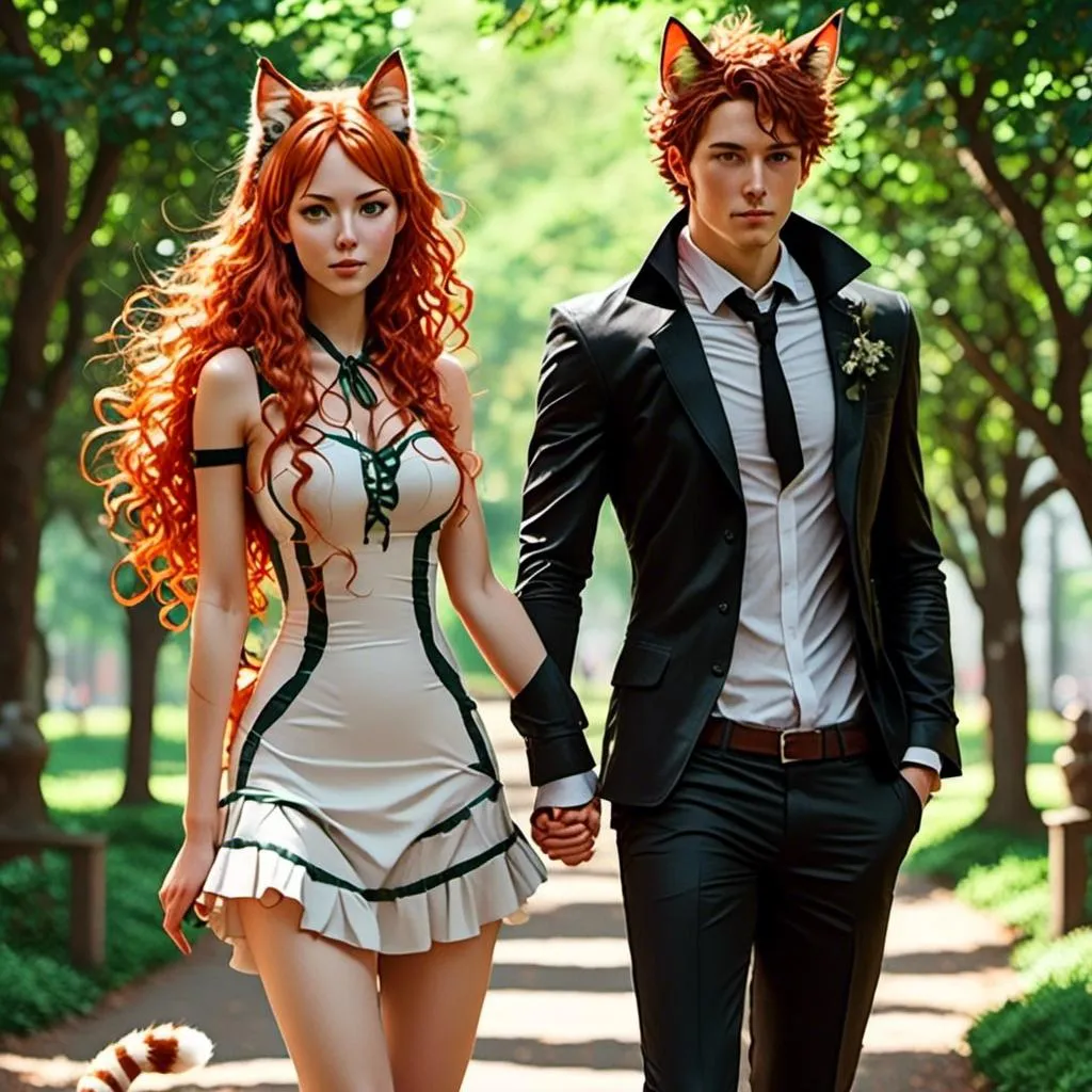 Prompt: <mymodel>Highly Detailed, couple walking hand in hand in park, detailed skin texture, cat ears matching hair color, detailed eyes, professional, highres