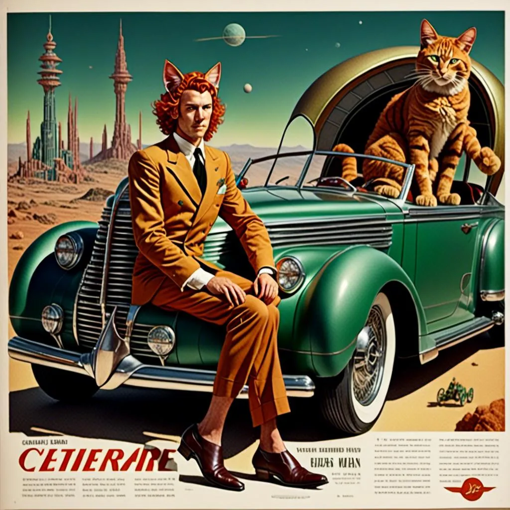 Prompt: <mymodel> Full body view of Rugged Man with cat ears in 1940's futuristic Automobile Advertisement, matching cat ears to hair color, extremely detailed, intricate clothing, high quality, intricate, futuristic-retro futurism, historical, detailed hair, detailed spaceship in background