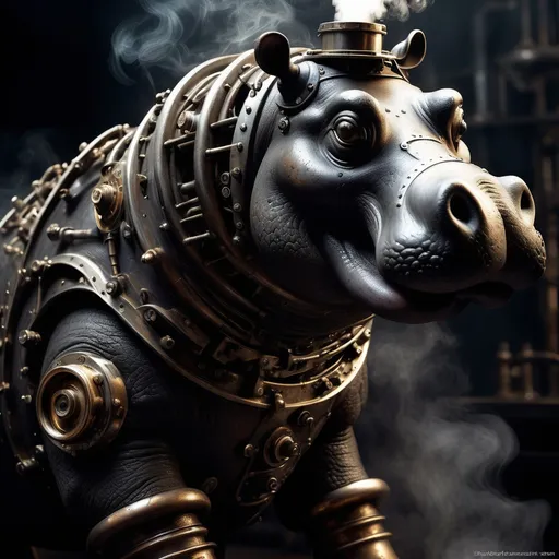 Prompt: Steam powered Anthro hippopotamus, (intricate details), (mechanical elements), dark color scheme, aged metal textures, eerie ambiance, Victorian design influences, haunting atmosphere, dramatic lighting, smoky background, high contrast shadows, ultra-detailed, masterful craftsmanship, surreal elements blended with industrial aesthetics, dark and whimsical.