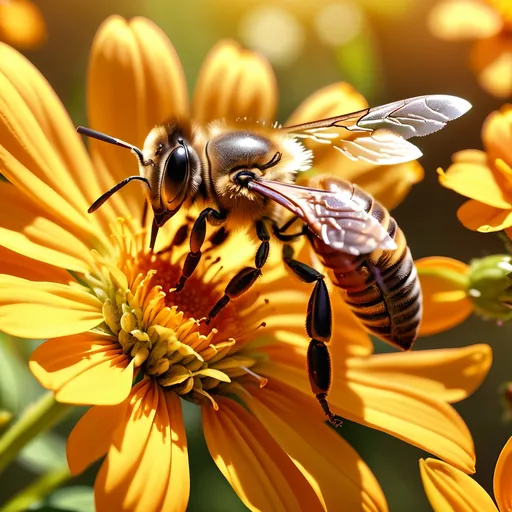 Prompt: Close up (Honey bee sipping nectar on a flower, all six legs visible), intricate wing details, nature, summer vibes, warm color scheme, photorealism, crisp focus, ultra-detailed, high-definition, 4K, vibrant colors, sunlight filtering through, blooming flowers in the background, tranquil atmosphere, vivid yellow, orange, and green tones, cinematic depth, breathtaking natural beauty.