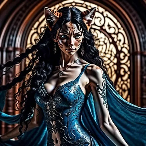 Prompt: <mymodel> Realistic 45 year old Scandinavian woman, detailed long black hair, detailed blue eyes, detailed skin texture, full body view, delicate, diffused lighting, beautiful, artistic, detailed, fantasy style Celtic background, long hair, detailed eyes, full-body pose dancing, elegant, ethereal, soft lighting
