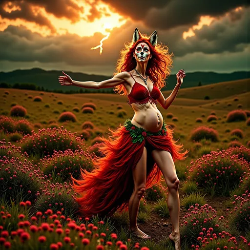 Prompt: Beautiful radiant pregnant woman dancing in a field of heather in the rain, lightning and dark clouds behind her