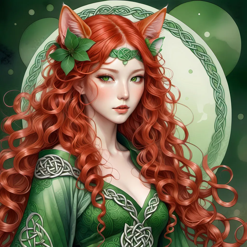 Prompt: Japanese ink illustration of a Celtic woman with cat ears and tail, long red curly hair, detailed green eyes, detailed skin texture, full body view, delicate, diffused lighting, beautiful, artistic, detailed, fantasy style Celtic background, long hair, detailed eyes, full-body, elegant, ethereal, soft lighting