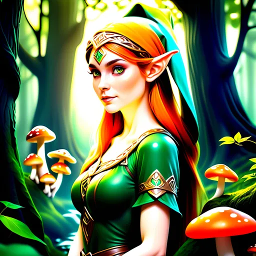 Prompt: (photorealistic style),Elf woman in lush Hyrule, vibrant warm colors, enchanting atmosphere, sunlight filtering through dense foliage, soft glowing mushrooms, serene winding path, magical fauna, mystical creatures peeking from behind trees, deep green foliage with golden highlights, ultra-detailed, immersive landscape, tranquil ambiance, adventurous spirit, ideal for storytelling backgrounds.